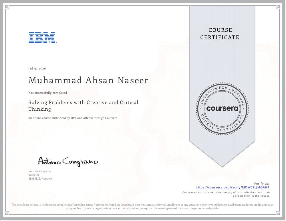 Solving Problems with Creative and Critical Thinking certificate